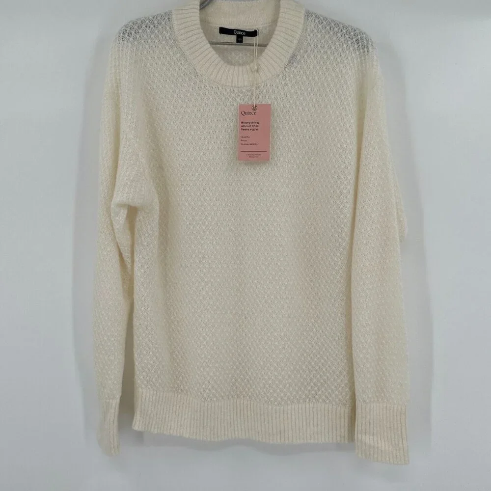 Quince Ivory Baby Alpaca-Merino Wool Diamond Stitch Crew Sweater sz XS Women's - Picture 1 of 4
